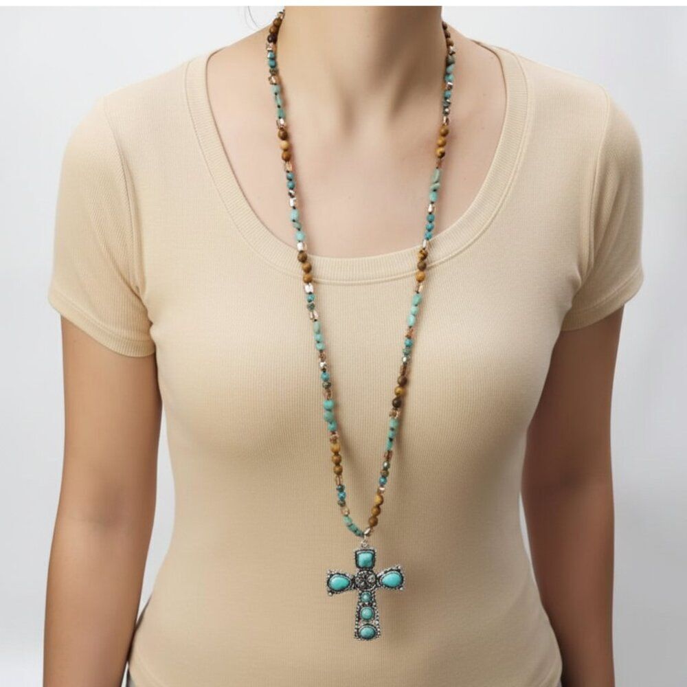 NWT Bohemian Faux Turquoise Cross Necklace Multi-Colored Beaded Statement - Picture 3 of 4